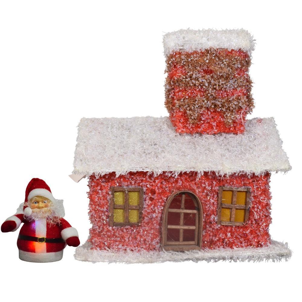 Lighted Christmas House with Santa Figurine