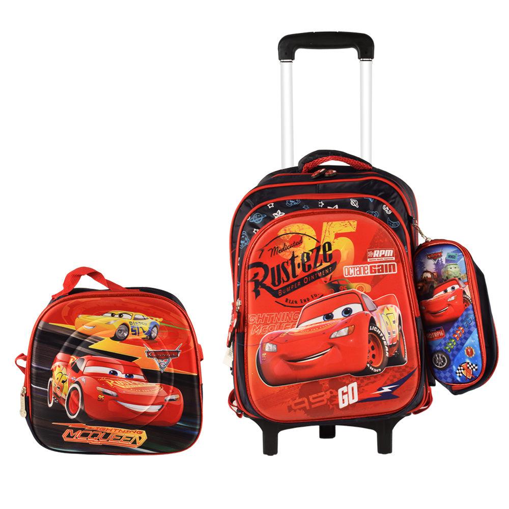 Lightning Mcqueen 3PCS Detachable Rolling Backpack for Boys With Lunch Bag Pencil Case 2Wheels Roll