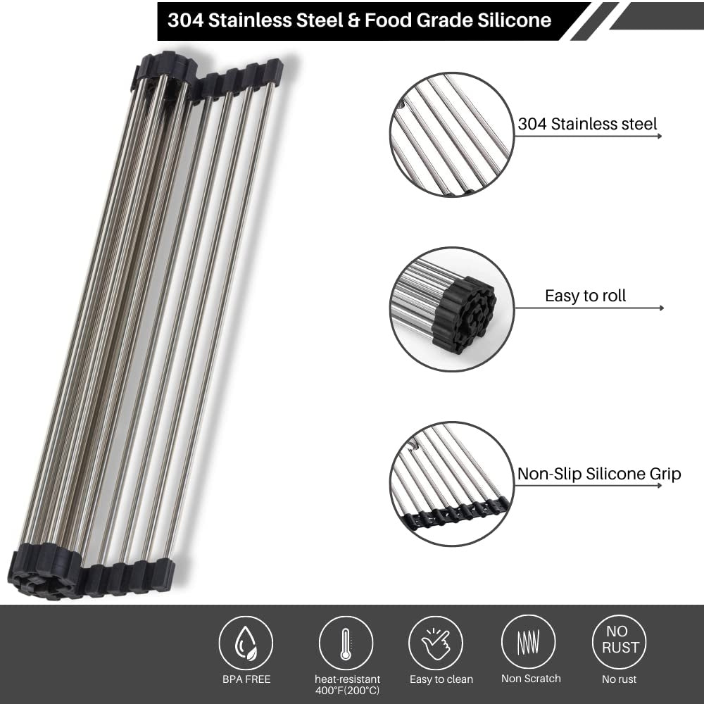 MOHREE™ Over The Sink Grey Dish Drying Rack, Dish Drainer Rack, Roll up Utensil Drying Rack for Kitchen, Stainless Steel Multipurpose Foldable Dish Plate Big Size for Counter top wash