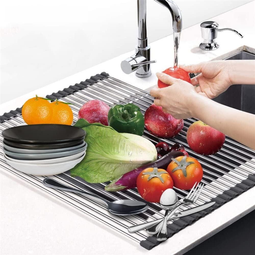 MOHREE™ Over The Sink Grey Dish Drying Rack, Dish Drainer Rack, Roll up Utensil Drying Rack for Kitchen, Stainless Steel Multipurpose Foldable Dish Plate Big Size for Counter top wash