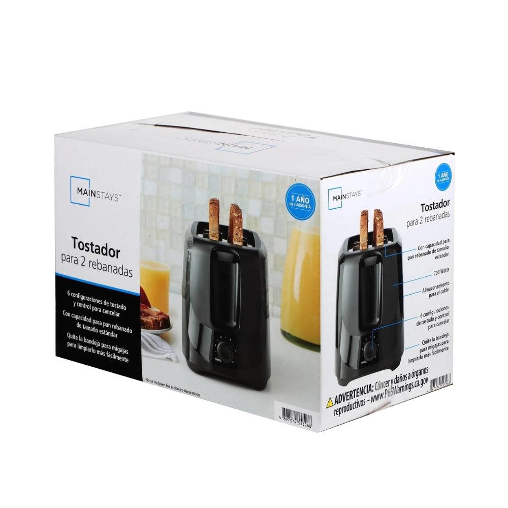 Mainstays 2 Slice Toaster, Black With 6 Shade Settings And Removable Crumb Tray