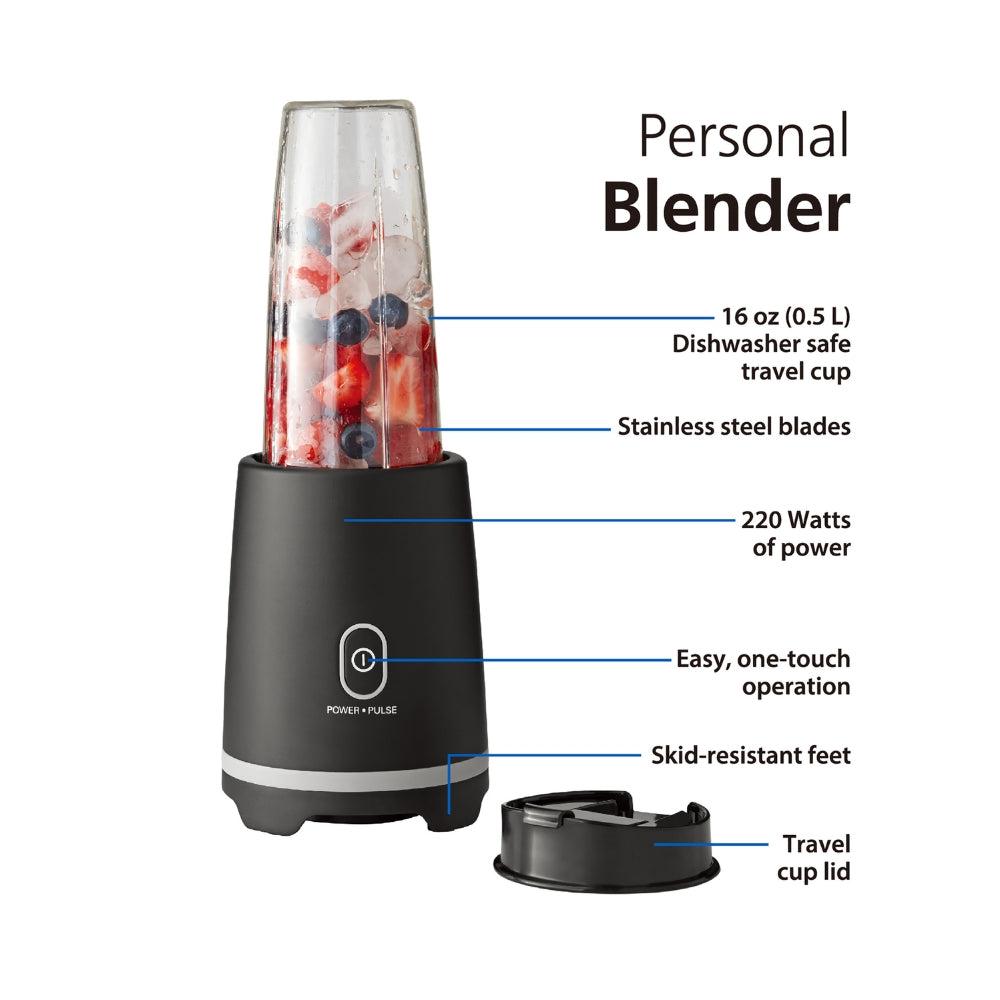 Mainstays Black Single-Serve Blender With 1 Travel Lid, 16 oz.