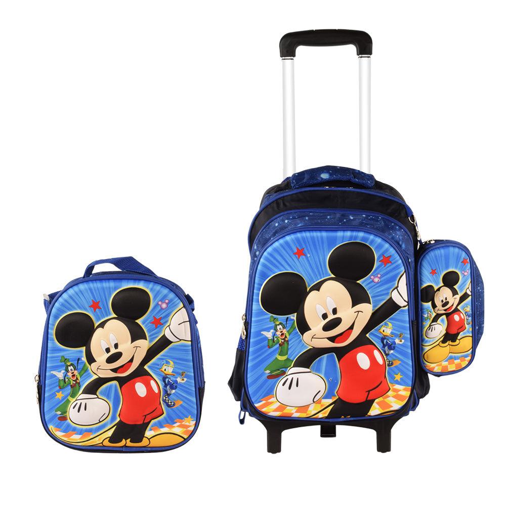 Mickey Mouse 3PCS Detachable Rolling Backpack for Boys With Lunch Bag Pencil Case 2Wheels Roll