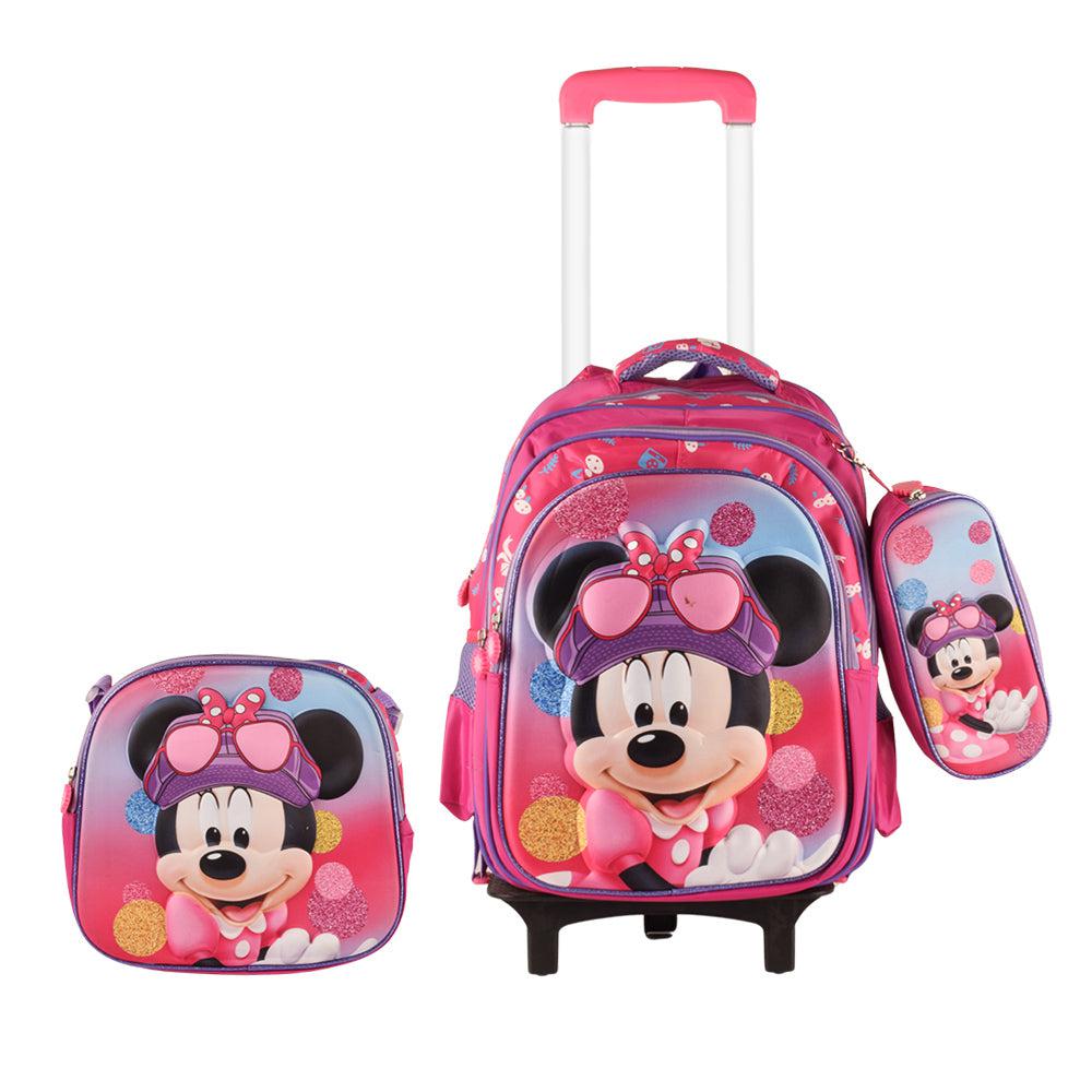 Minnie Mouse 3PCS Detachable Rolling Backpack for Girls With Lunch Bag Pencil Case 2Wheels Roll