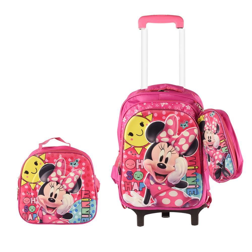 Minnie Mouse 3PCS Detachable Rolling Backpack for Girls With Lunch Bag Pencil Case 2Wheels Roll