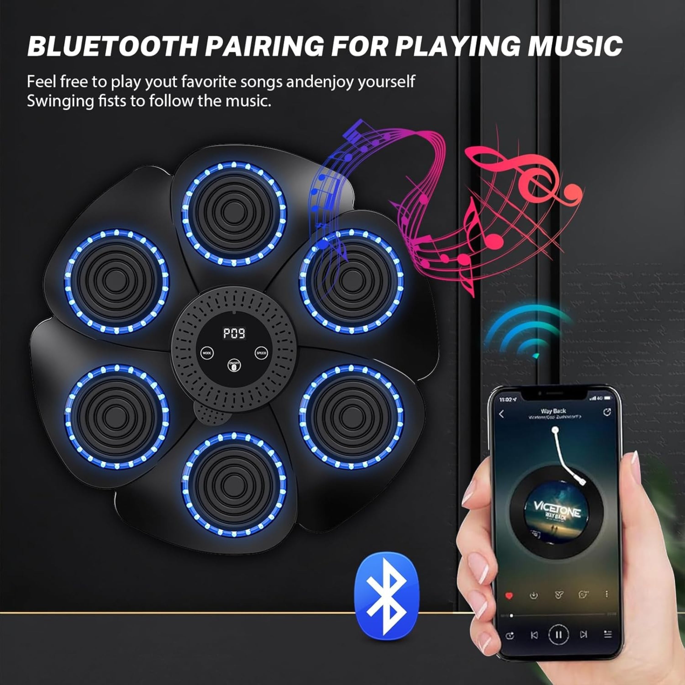 Music Boxing Machine, 2024 New Smart Bluetooth Musical Boxing Machine with Boxing Gloves, Wall-Mounted Boxing Machine, 9 Speed Modes and Counting Mode For Adults and Children Exercise (Black)