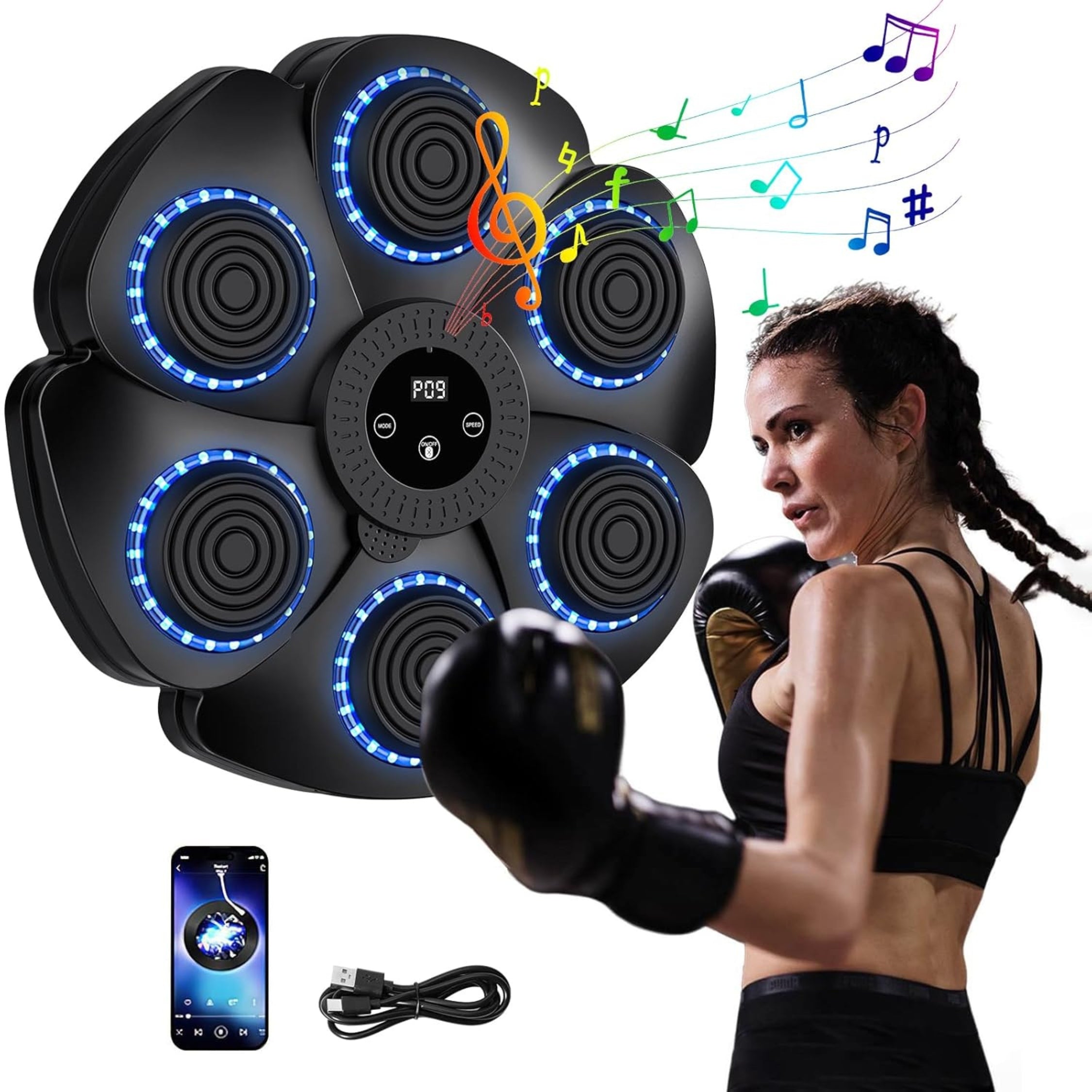 Music Boxing Machine, 2024 New Smart Bluetooth Musical Boxing Machine with Boxing Gloves, Wall-Mounted Boxing Machine, 9 Speed Modes and Counting Mode For Adults and Children Exercise (Black)