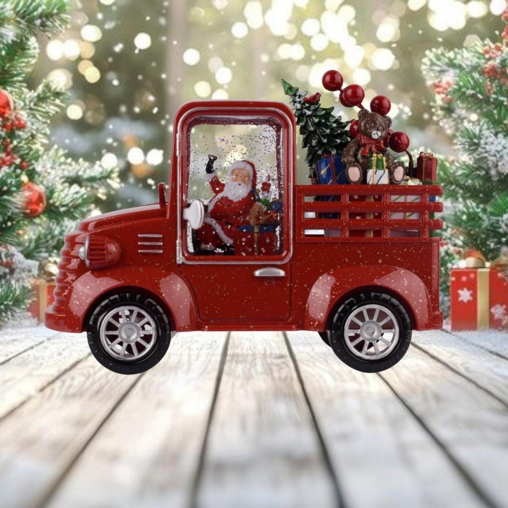 Musical Red Truck Snow Globe with Swirling Glitter, Snowman & Dog, Carrying Christmas Tree, Spinning Water Lantern for Christmas Decor