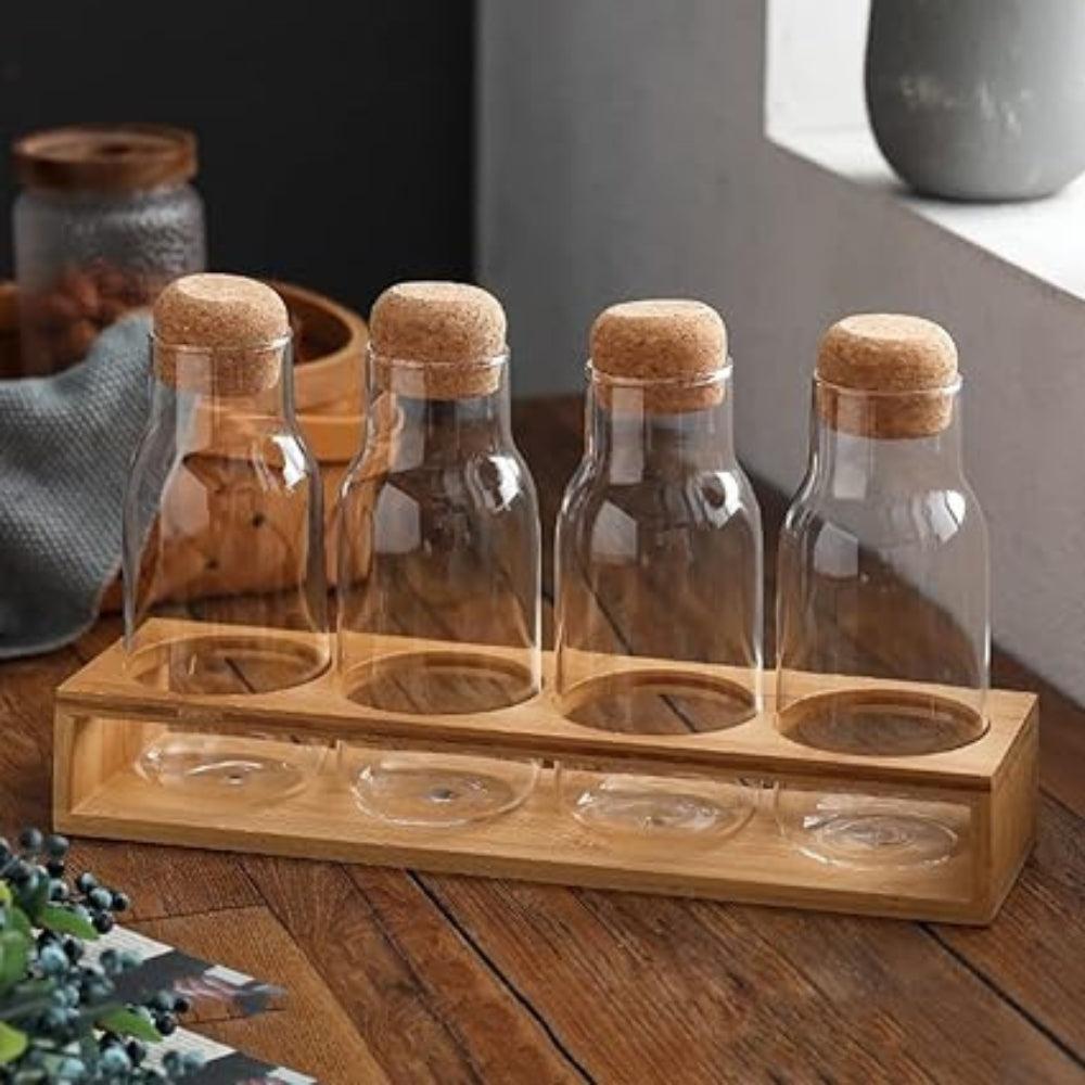NIVOVA Glass Candy Jar Set with Wood Lids Sealed Jar Kitchen Storage Jar with Base Food Jars(Colorset of 4)