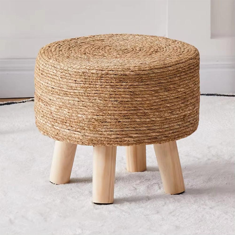 Natural Handwoven Seagrass & Wood Leg Ottoman