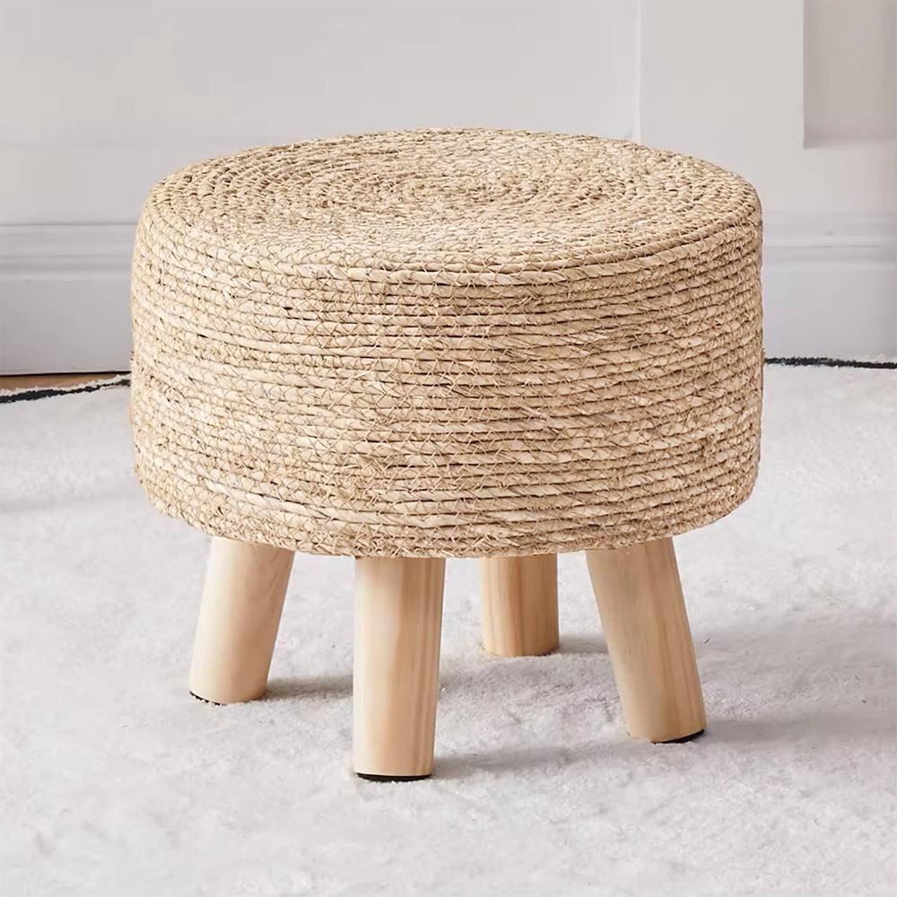 Natural Handwoven Seagrass & Wood Leg Ottoman