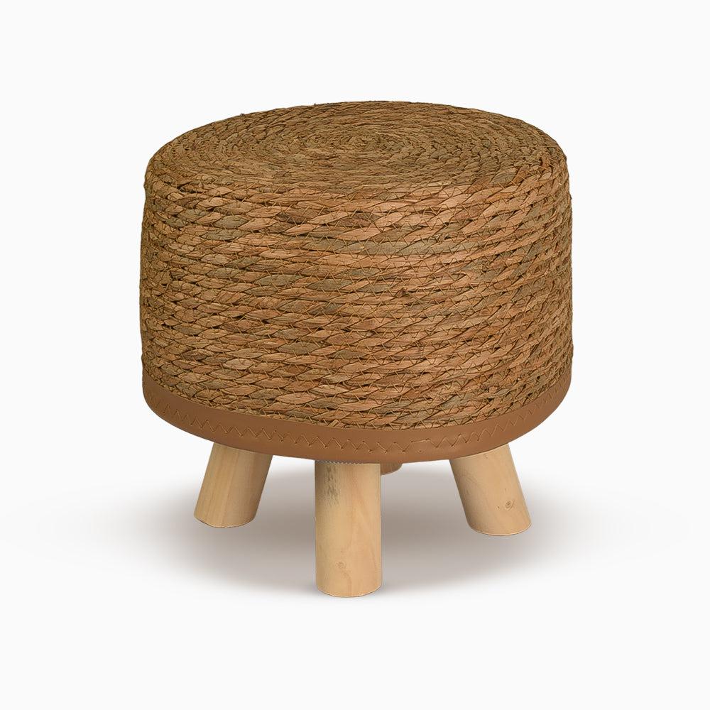 Natural Handwoven Seagrass & Wood Leg Ottoman