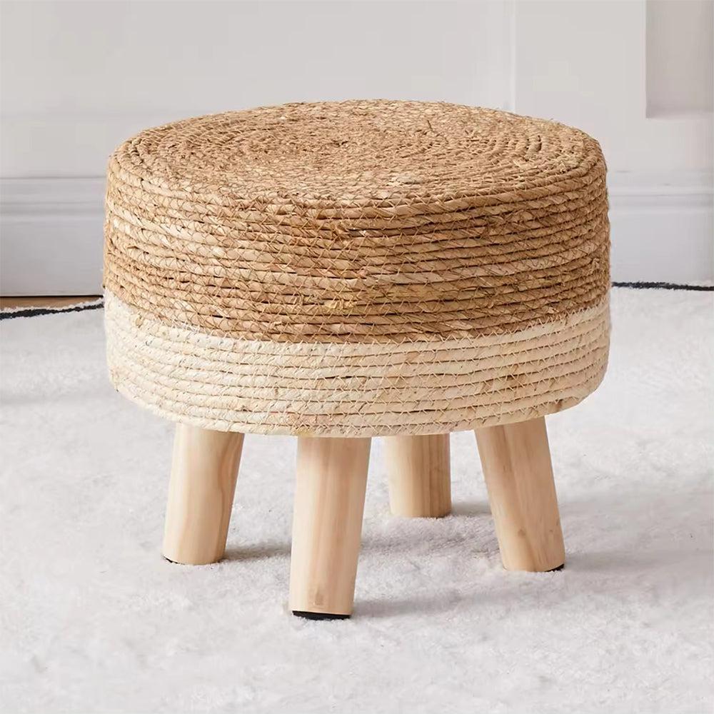 Natural Handwoven Seagrass & Wood Leg Ottoman