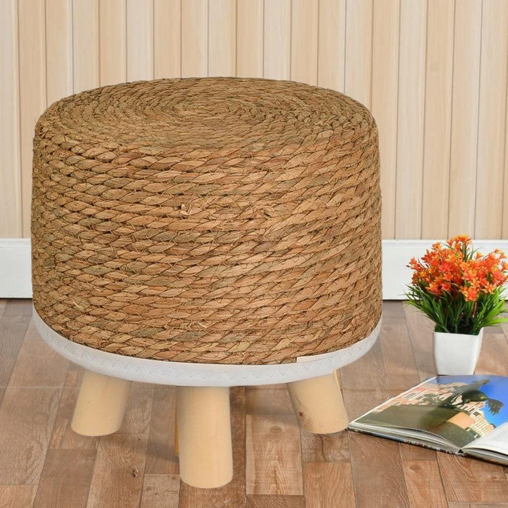 Natural Handwoven Seagrass & Wood Leg Ottoman