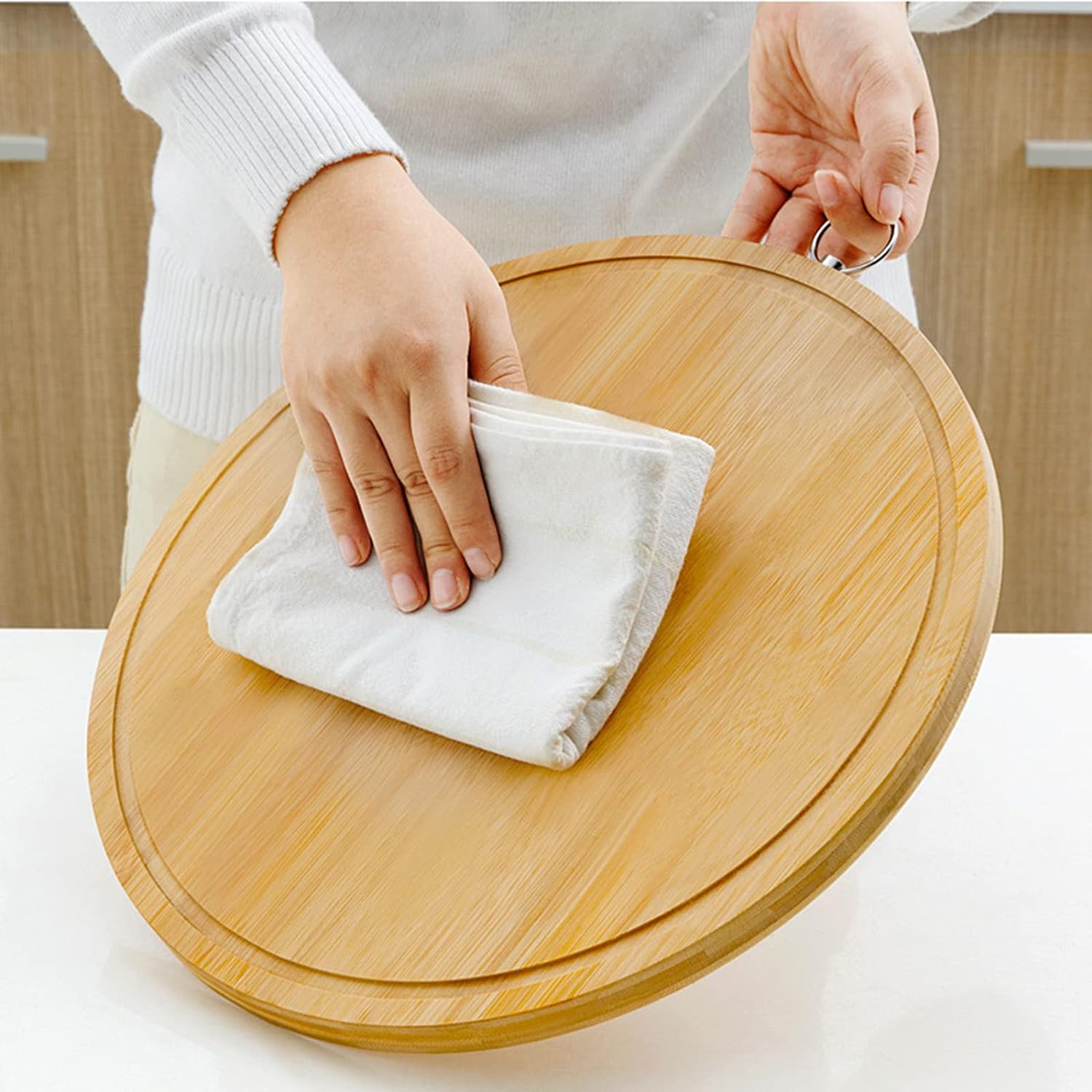 Nature’s Kitchen Round Bamboo Tray Cutting Serving Board W Juice Groove for Cutting Chopping Cheese & Charcuterie Board Platte