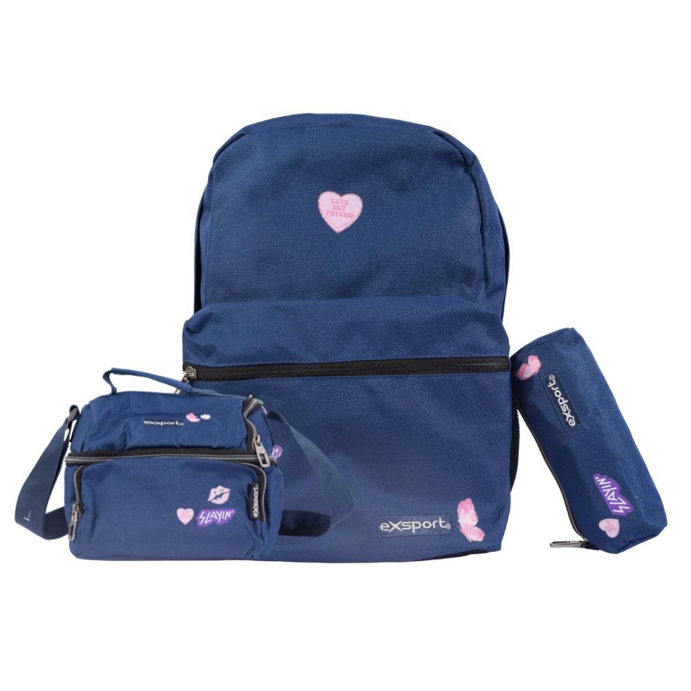Navy Blue Exsport Bag Set with Cute Pink Patches