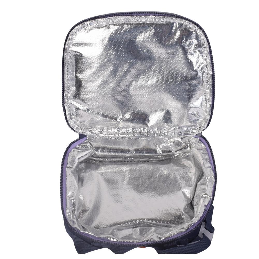 Navy Blue Lunch Bag with Purple Trim and Adjustable Strap