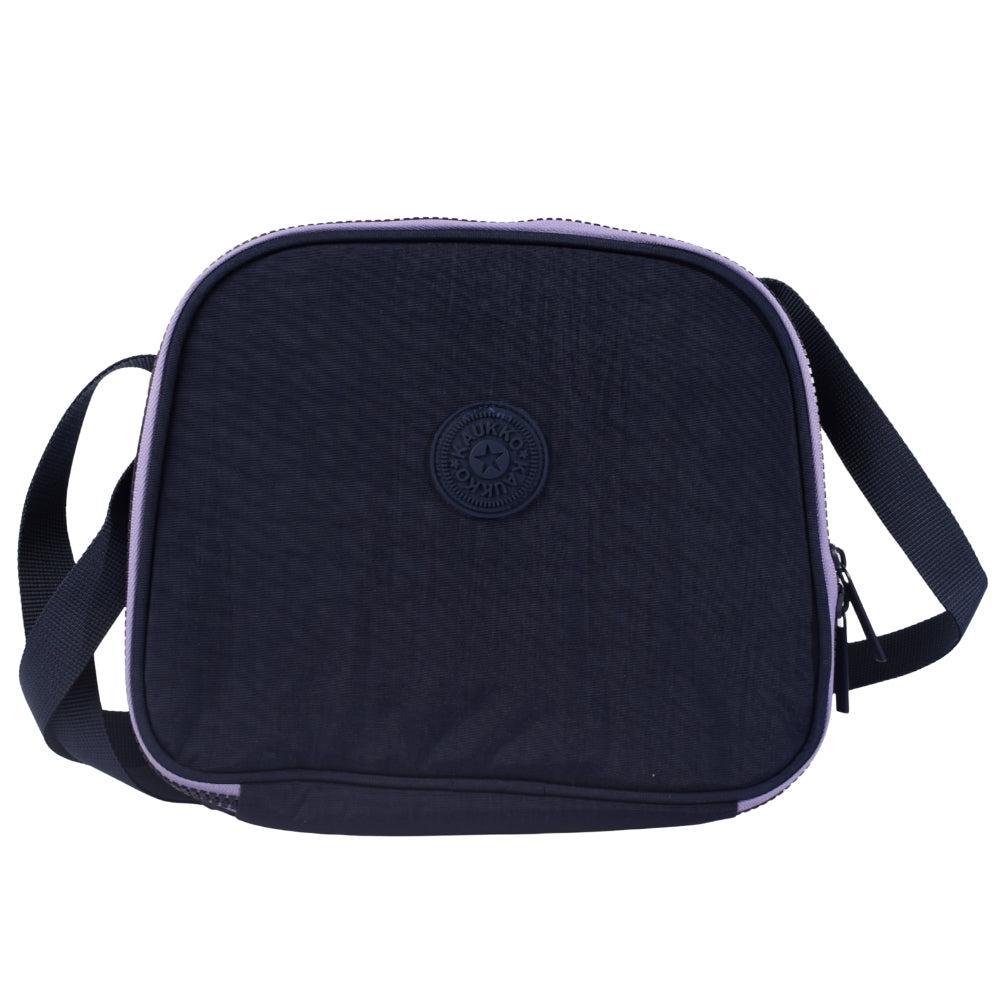 Navy Blue Lunch Bag with Purple Trim and Adjustable Strap
