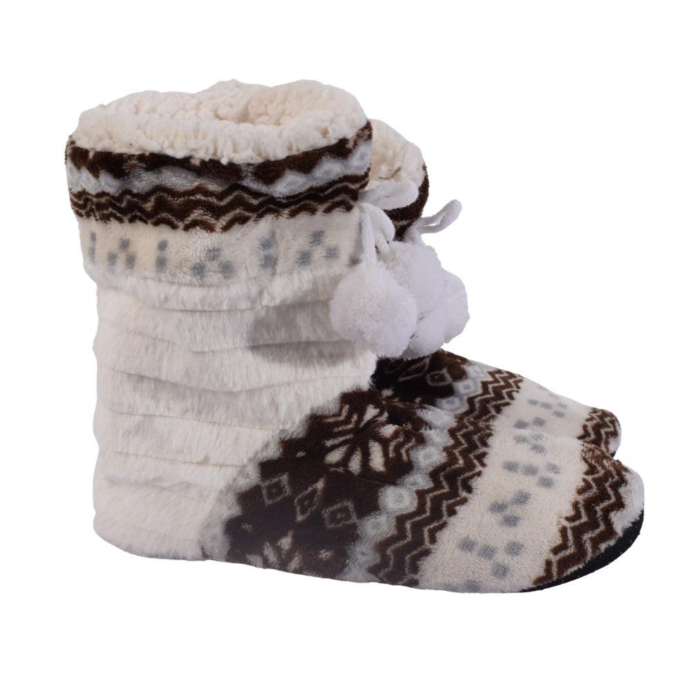 Nordic Snowflake Fleece Slipper Boots with Pom-Poms