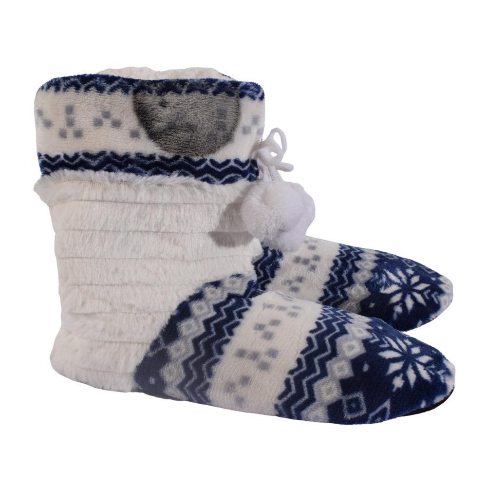 Nordic Snowflake Fleece Slipper Boots with Pom-Poms