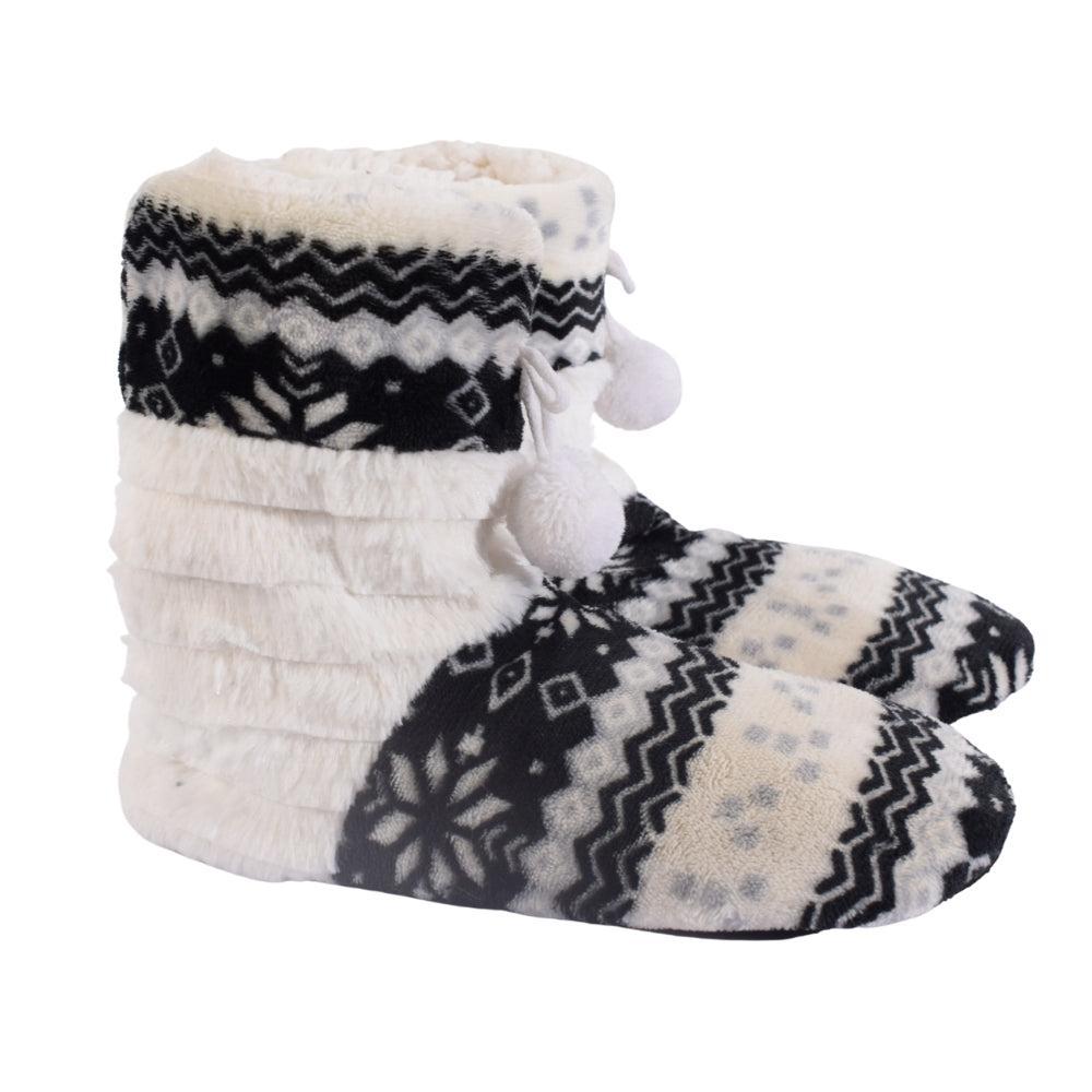 Nordic Snowflake Fleece Slipper Boots with Pom-Poms
