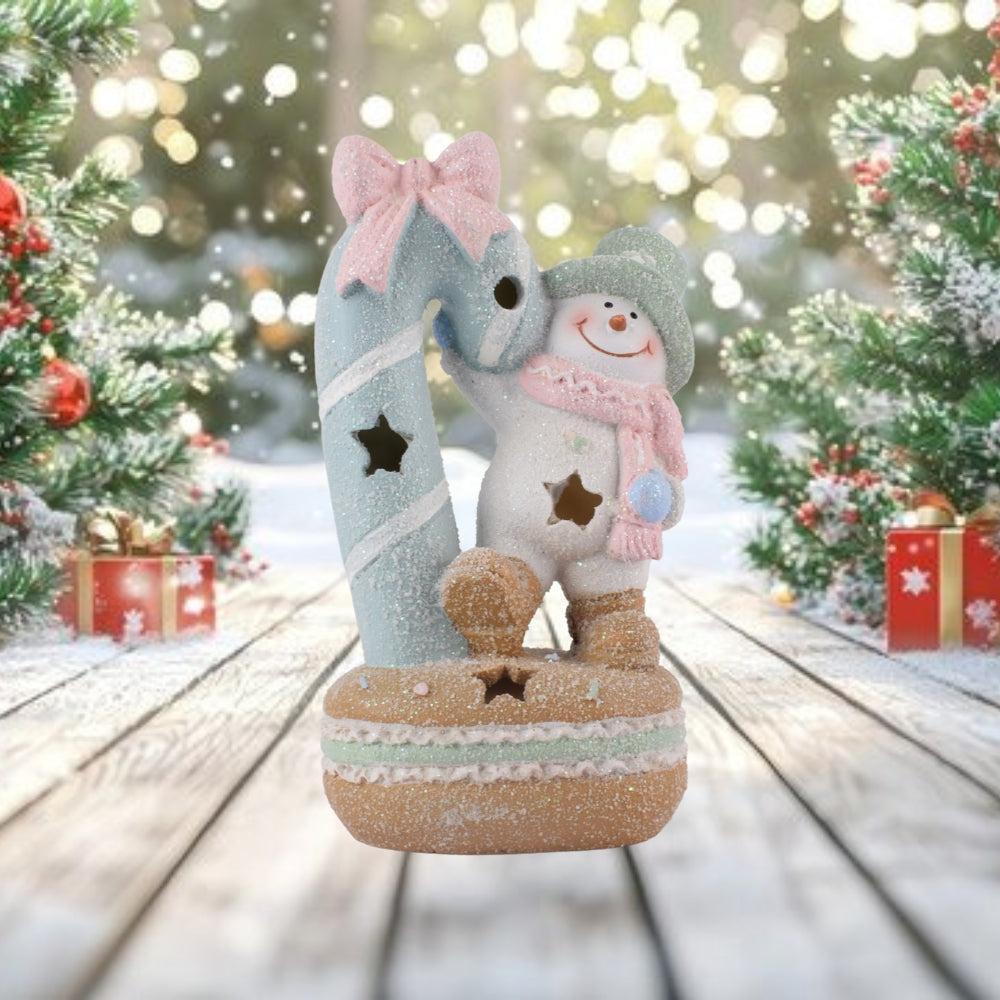 Pastel Snowman & Candy Cane Christmas Figurine – Gingerbread Frosted Holiday Decoration