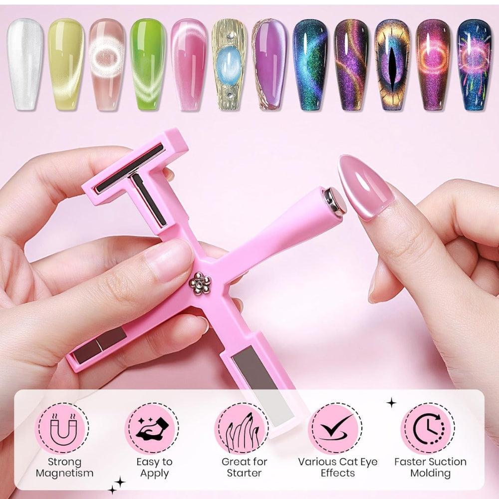 Pink 5 in 1 Nail Magnet Tool for Cat Eye Gel Nail Polish Multifunctional Magnetic Stick for Nails Strong Magnetism for 9D Strip Galaxy Cat Eye Nail Art Design DIY Home Manicure