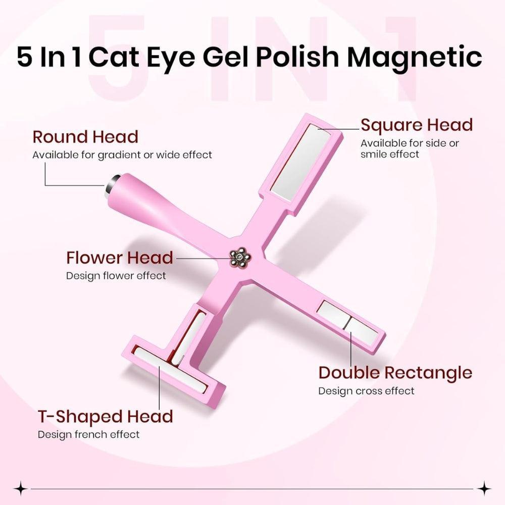 Pink 5 in 1 Nail Magnet Tool for Cat Eye Gel Nail Polish Multifunctional Magnetic Stick for Nails Strong Magnetism for 9D Strip Galaxy Cat Eye Nail Art Design DIY Home Manicure