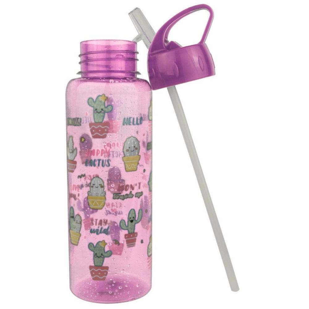 Pink Cactus-Themed Water Bottle with Straw