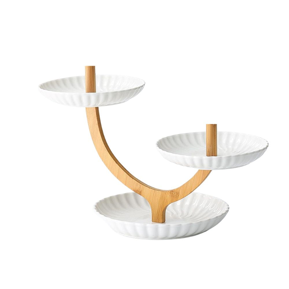 Porcelain Salad Bowl, White Snack Tray Fruit Platter with stripes and Wooden Support Stand, Reusable Dessert Display for Feast Party, detachable(Size25.5 33cm)