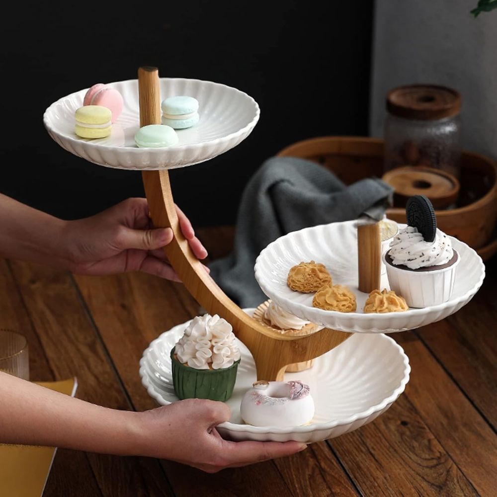 Porcelain Salad Bowl, White Snack Tray Fruit Platter with stripes and Wooden Support Stand, Reusable Dessert Display for Feast Party, detachable(Size25.5 33cm)