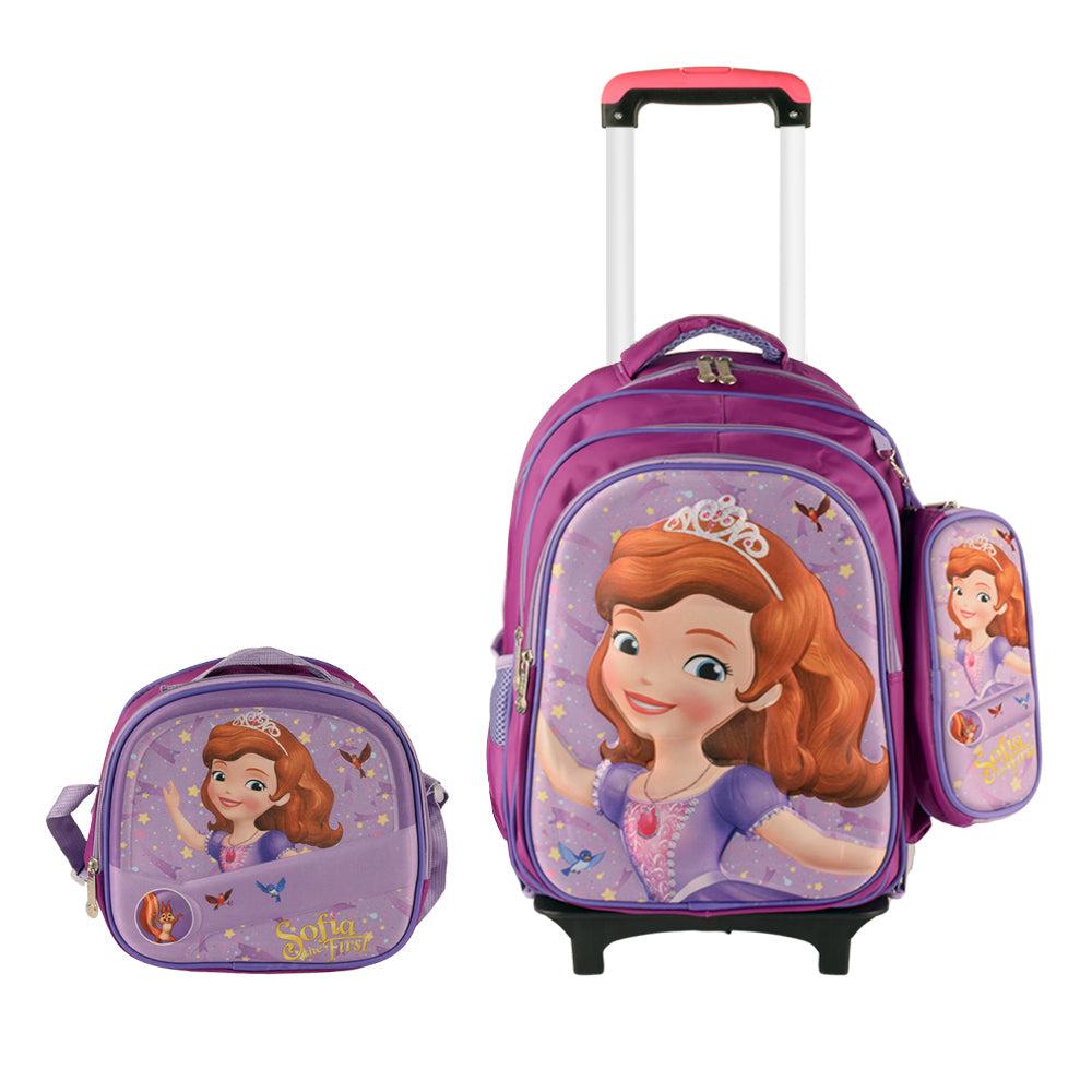 Princess Sofia 3PCS Detachable Rolling Backpack for Girls With Lunch Bag Pencil Case 2Wheels Roll
