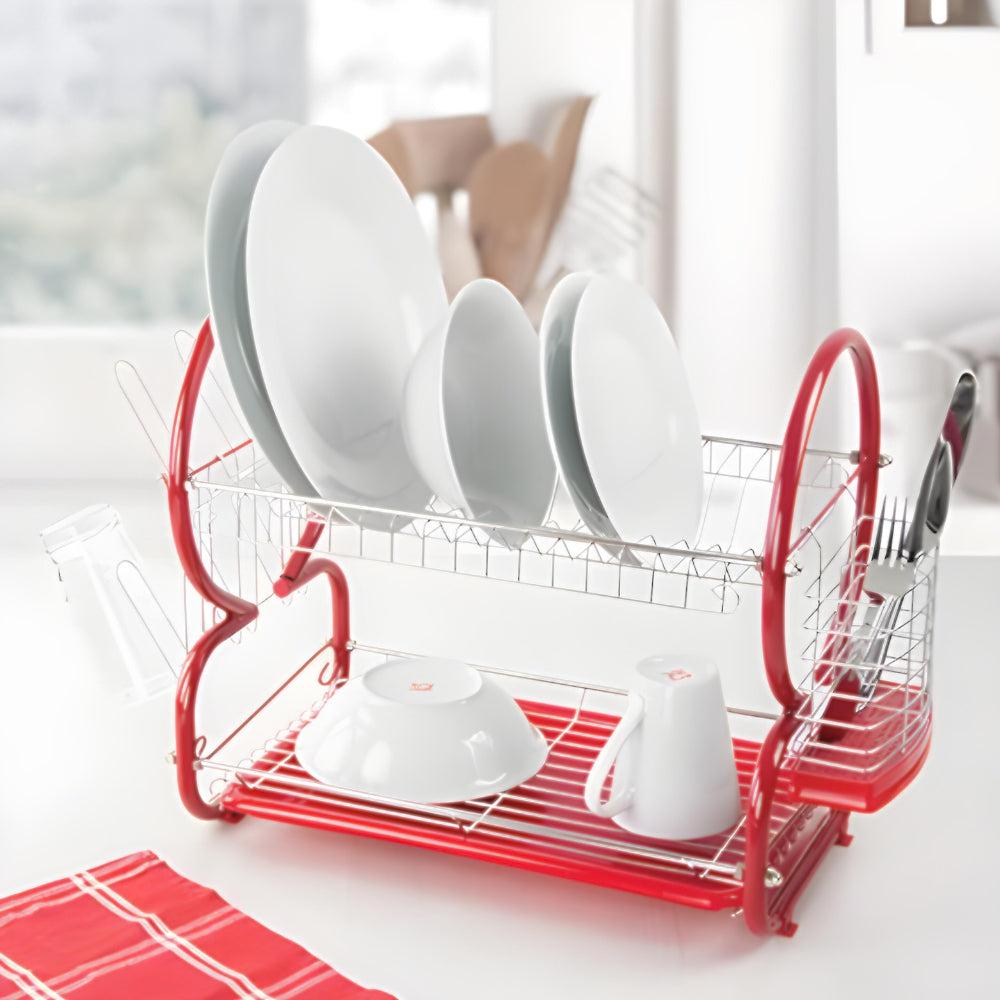 Professional Dish Drainer | 2 Tier Aluminium Dish Drying Rack | Dish Drainer With Detachable Plastic Drip Tray |Utensil And Cup Holder |Dish Rack For Kitchen Countertop (Red)