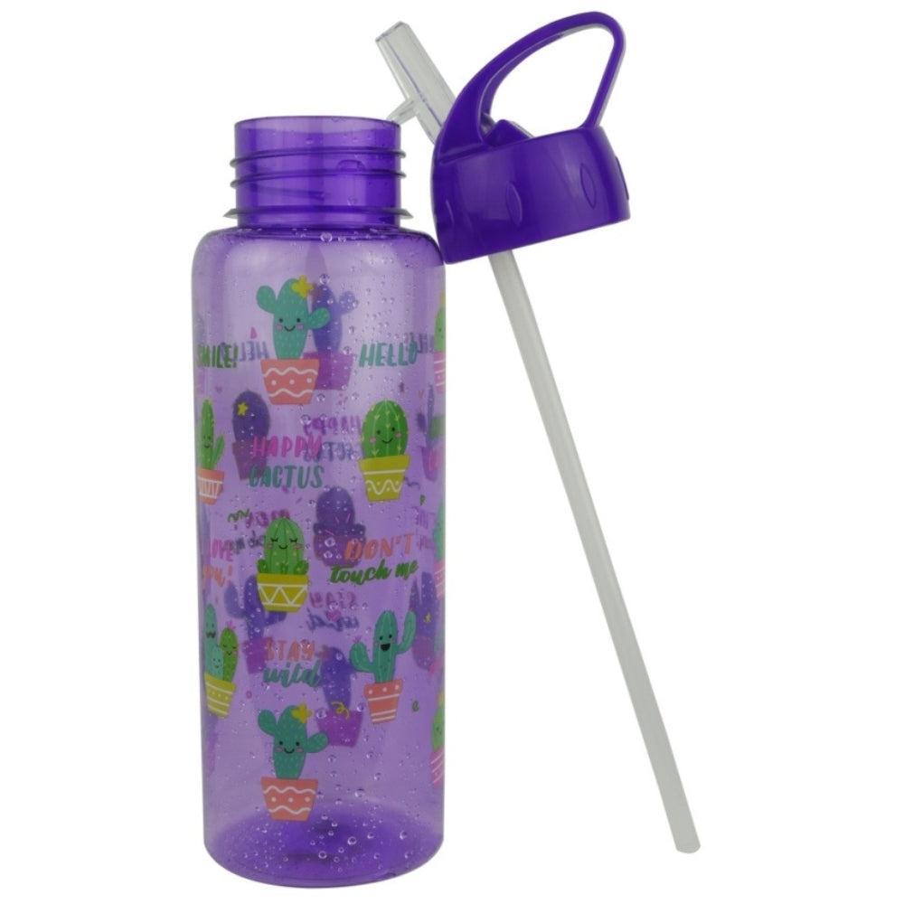 Purple Cactus-Themed Water Bottle with Straw