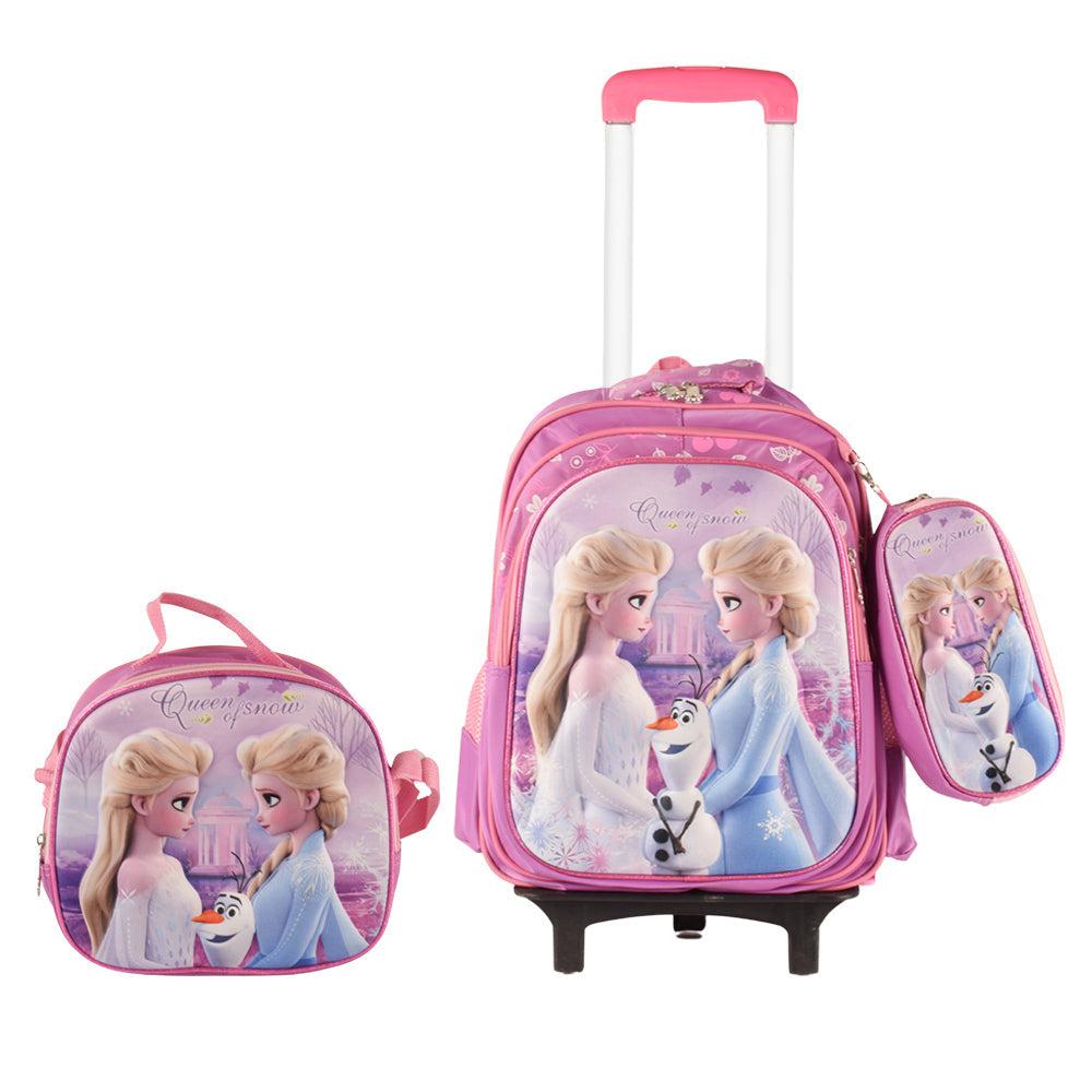 Queen Of Snow 3PCS Detachable Rolling Backpack for Girls With Lunch Bag Pencil Case 2Wheels Roll
