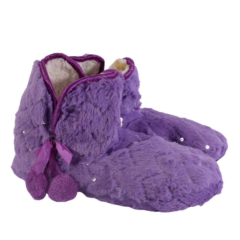 Quilted Plush Slipper Boots with Bow and Pom-Poms