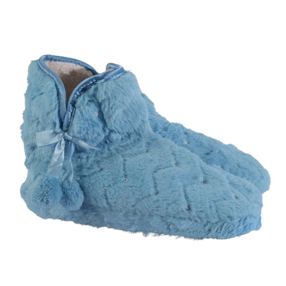 Quilted Plush Slipper Boots with Bow and Pom-Poms