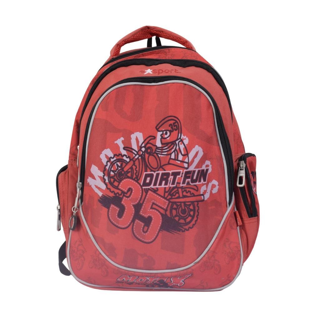 Red "Dirt Fun" Motorcycle-Themed School Backpack for Kids