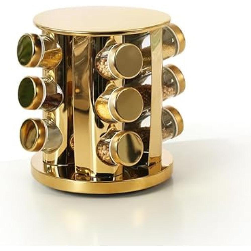 Relaxdays Spice Carousel 12 Spice Jars 360° Swivel Stainless Steel Glass HxD 22x20cm Round Gold Spice Rack