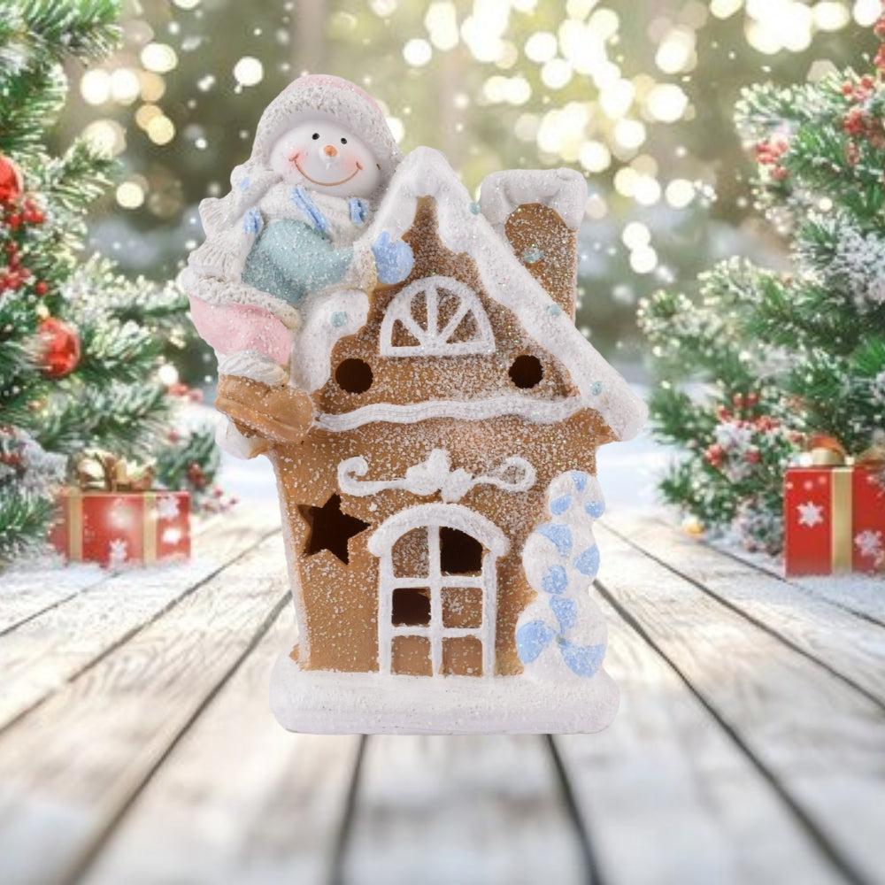 Resin Christmas Ornament - Gingerbread House with LED Lights and Snowman on the Roof - 19.5x14cm