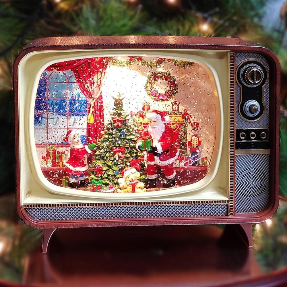 Retro Christmas TV LED Water Spinner Santa Scene Lighted Holiday Snow Globe Decor Battery Operated Acrylic Vintage Television with Spinning Glitter Warm LED Lights Christmas Decor