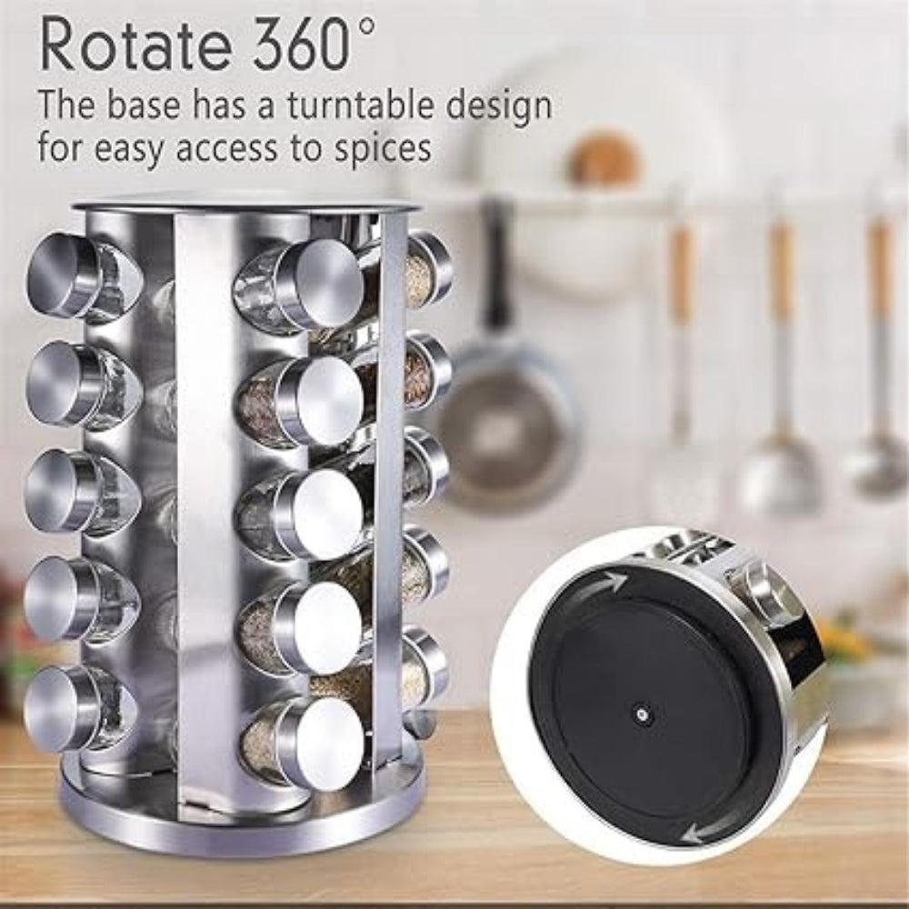 Revolving Spice Tower Round Spice Rack Set of 20 Spice Jars Seasoning Storage Organization Stainless Steel (‎20 JAR STEEL)