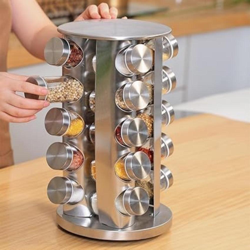 Revolving Spice Tower Round Spice Rack Set of 20 Spice Jars Seasoning Storage Organization Stainless Steel (‎20 JAR STEEL)
