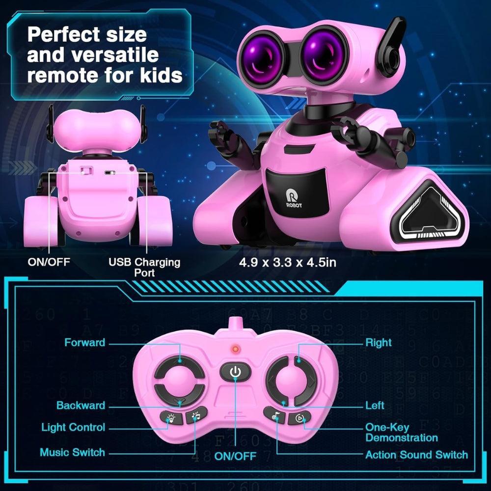 Robot Toy for Kids Girls Boys, Rechargeable Smart Remote Control with Sticker, Dance and Music for 3 4 5 6 7 8 Year Old Kids Birthday Gifts (Pink)