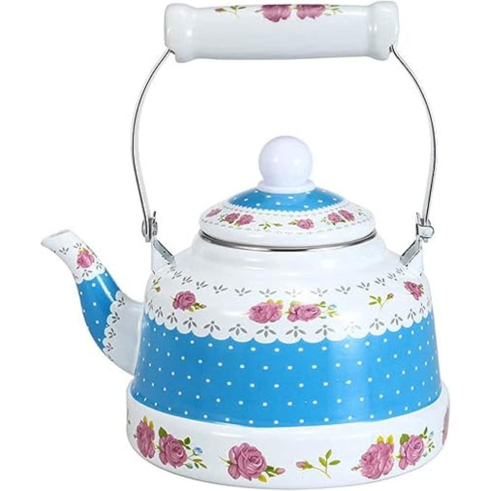 Rose Flower Enamel Teapot Floral 1L Large Porcelain Enamel Tea Kettle Colorful Hot Water Tea Kettle Pot Stove Top Small Retro Classic Design (Blue)