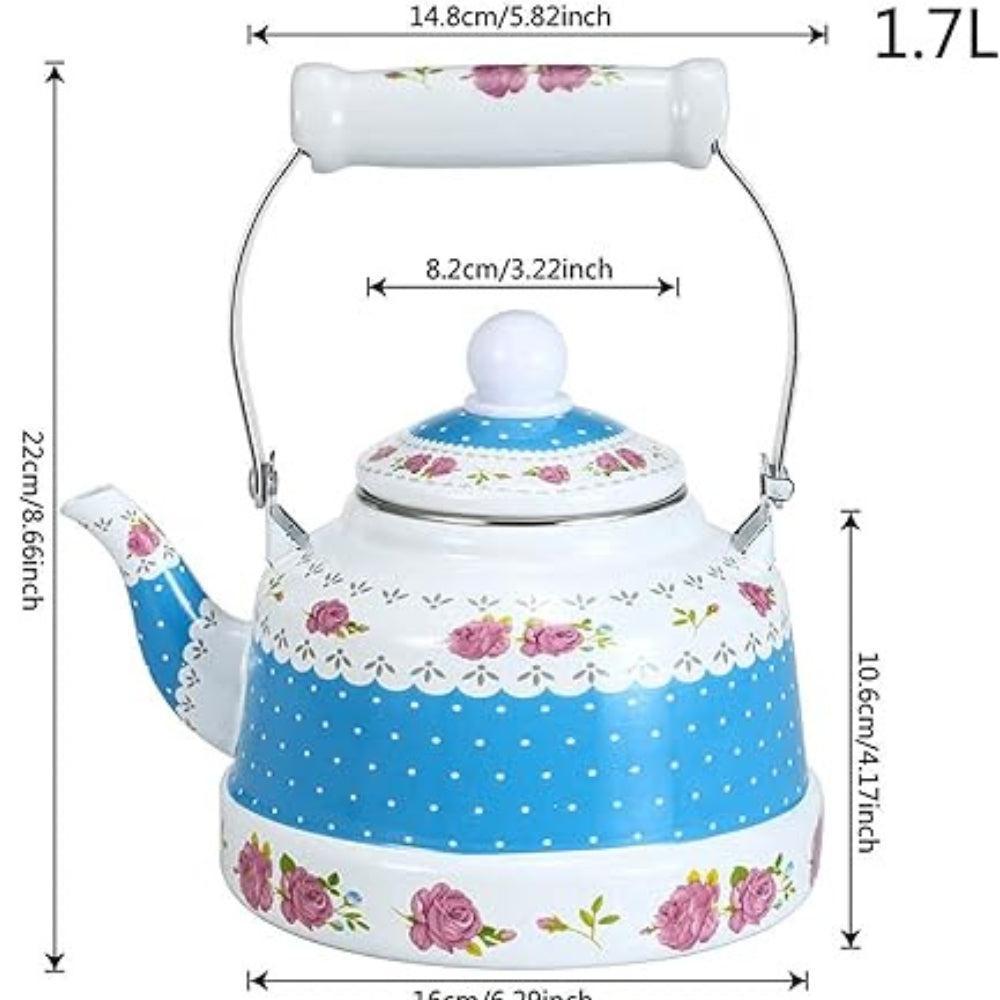 Rose Flower Enamel Teapot Floral 1L Large Porcelain Enamel Tea Kettle Colorful Hot Water Tea Kettle Pot Stove Top Small Retro Classic Design (Blue)