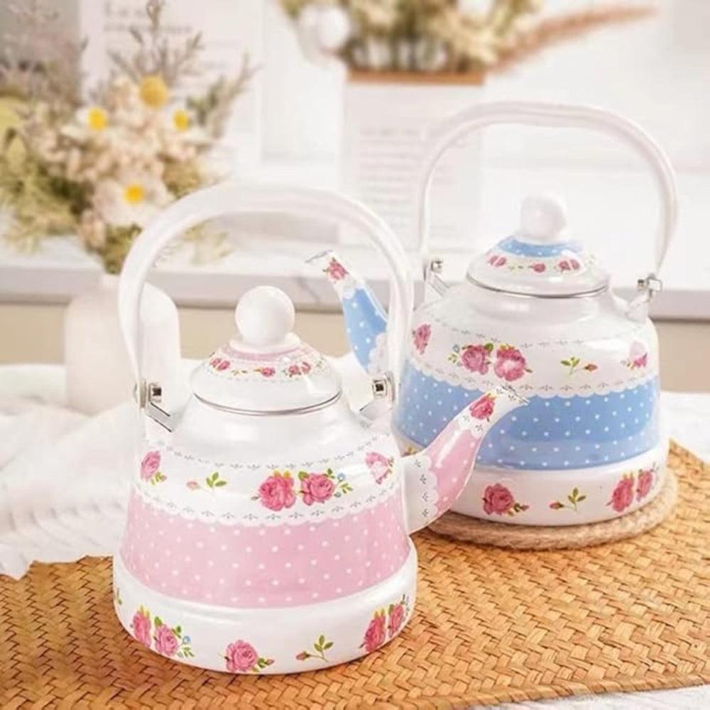 Rose Flower Enamel Teapot Floral 1L Large Porcelain Enamel Tea Kettle Colorful Hot Water Tea Kettle Pot Stove Top Small Retro Classic Design (Blue)