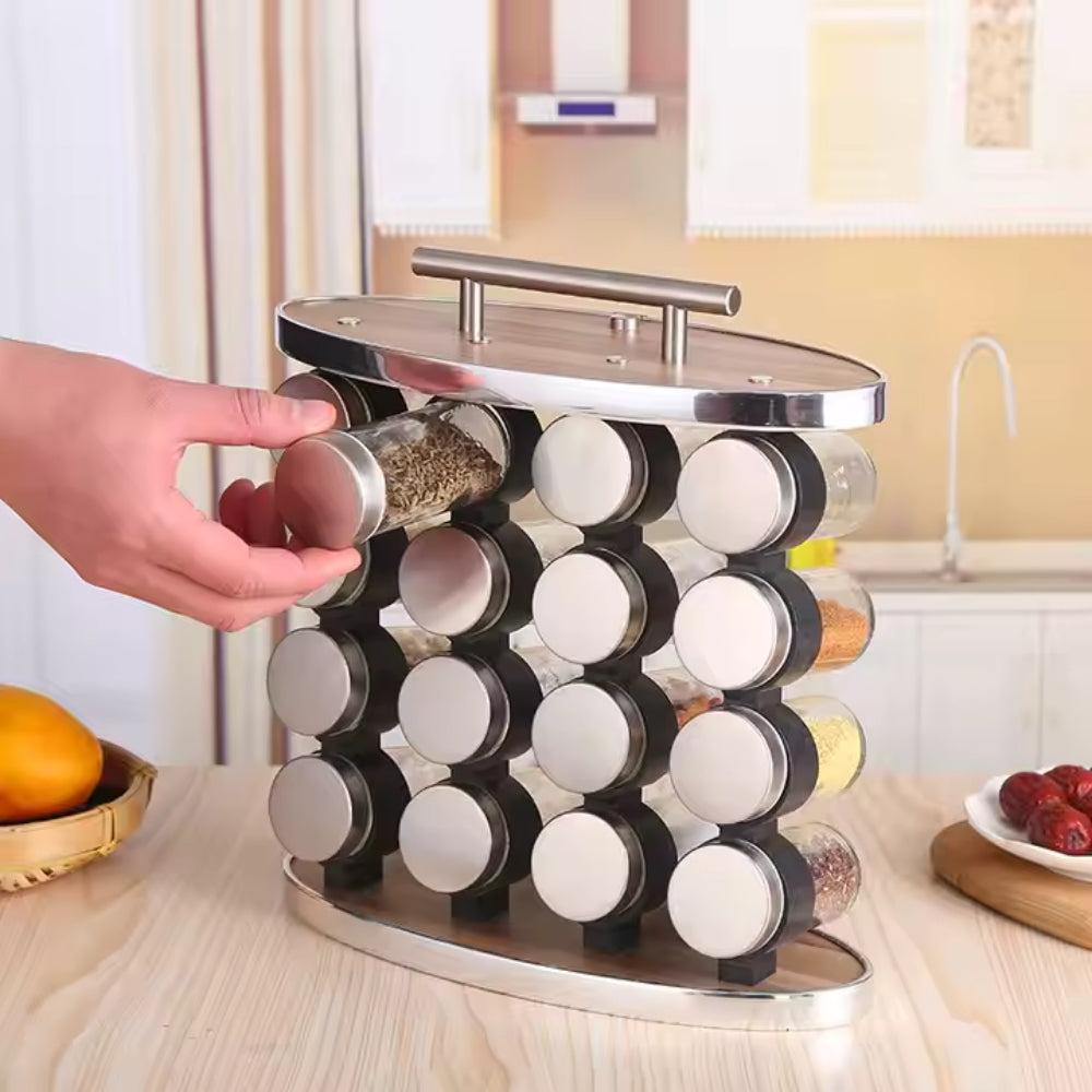 Rotating Seasoning Rack with Handle, Kitchen Supplies, Spice Storage Containers and Household Products, Wooden Rack