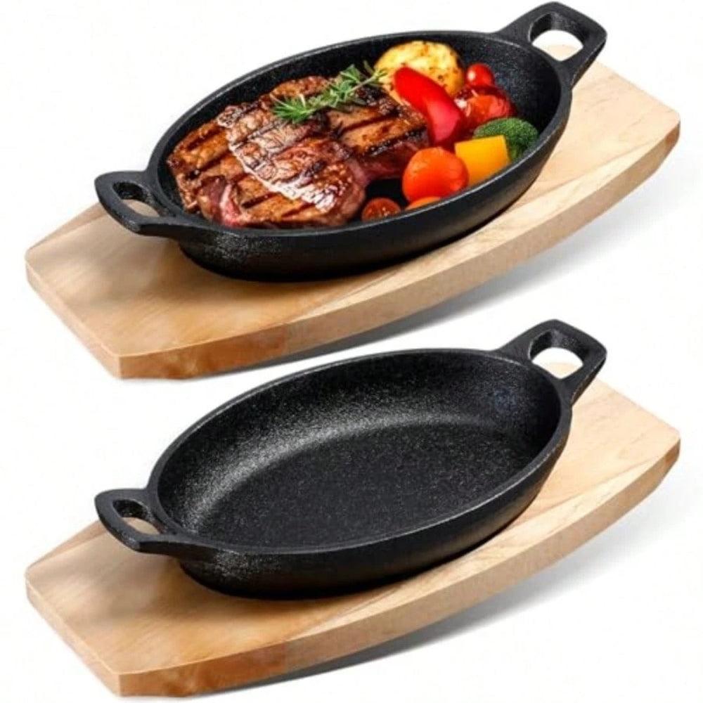 Round Cast Iron Sizzling With Wooden Base