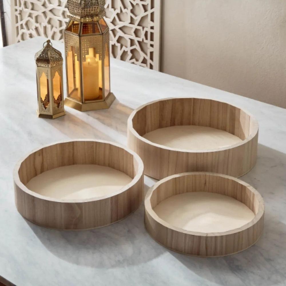 Round Wooden Tray Set – Natural Finish